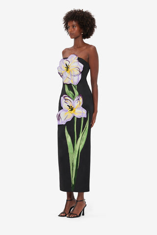 Exclusive Leo Lin Rayna Appliqué Floral Bustier Maxi Dress - Iris Print in Ebony
