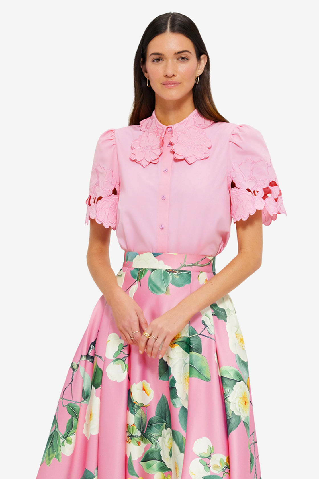 Exclusive Leo Lin Amélie Appliqué Shirt Top in Flamingo