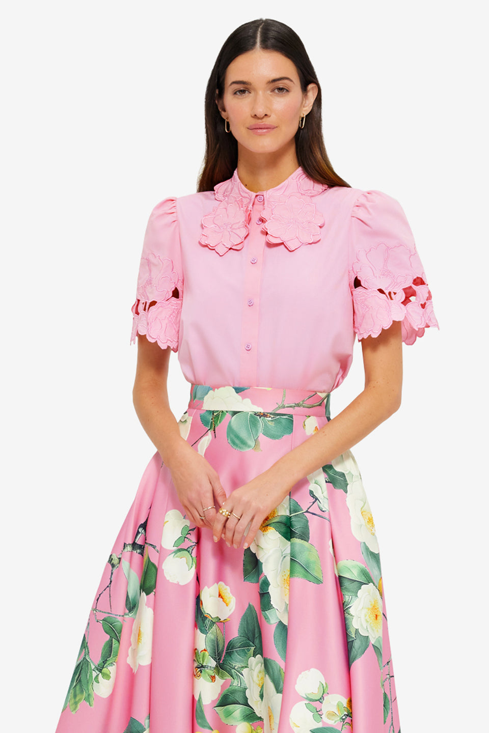 Exclusive Leo Lin Amélie Appliqué Shirt Top in Flamingo