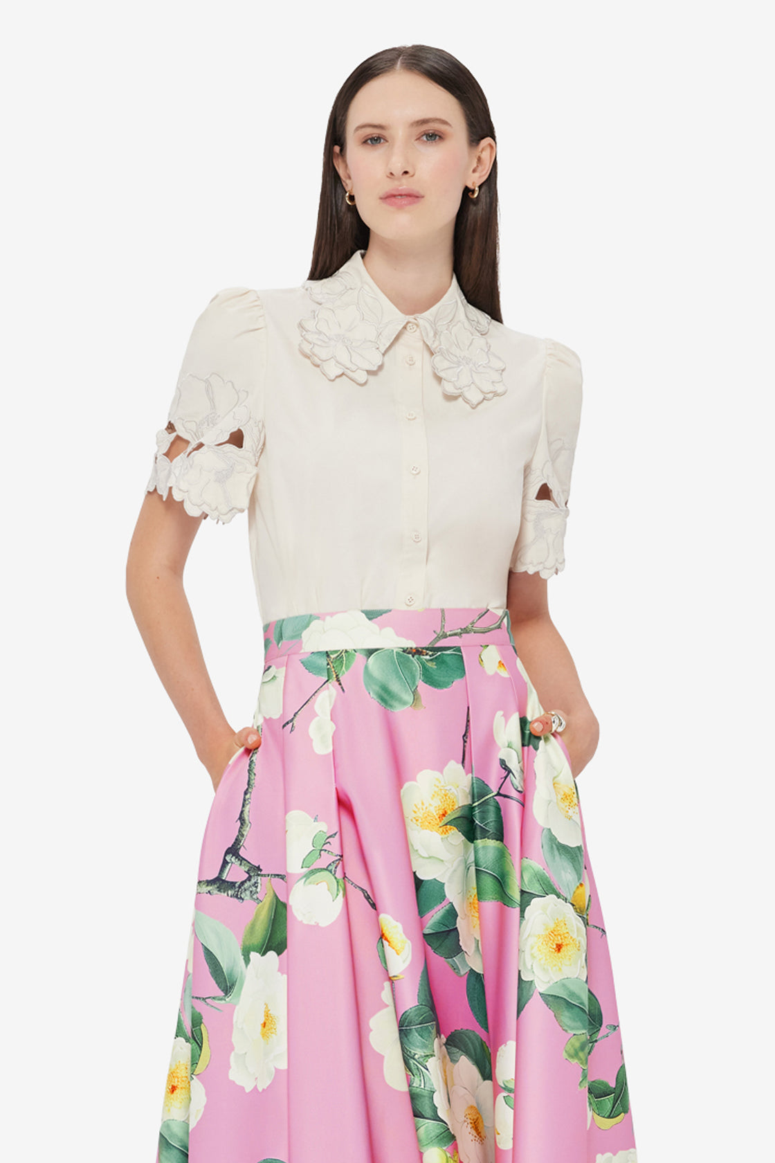 Exclusive LEO LIN Amélie Appliqué Shirt Top in Snow