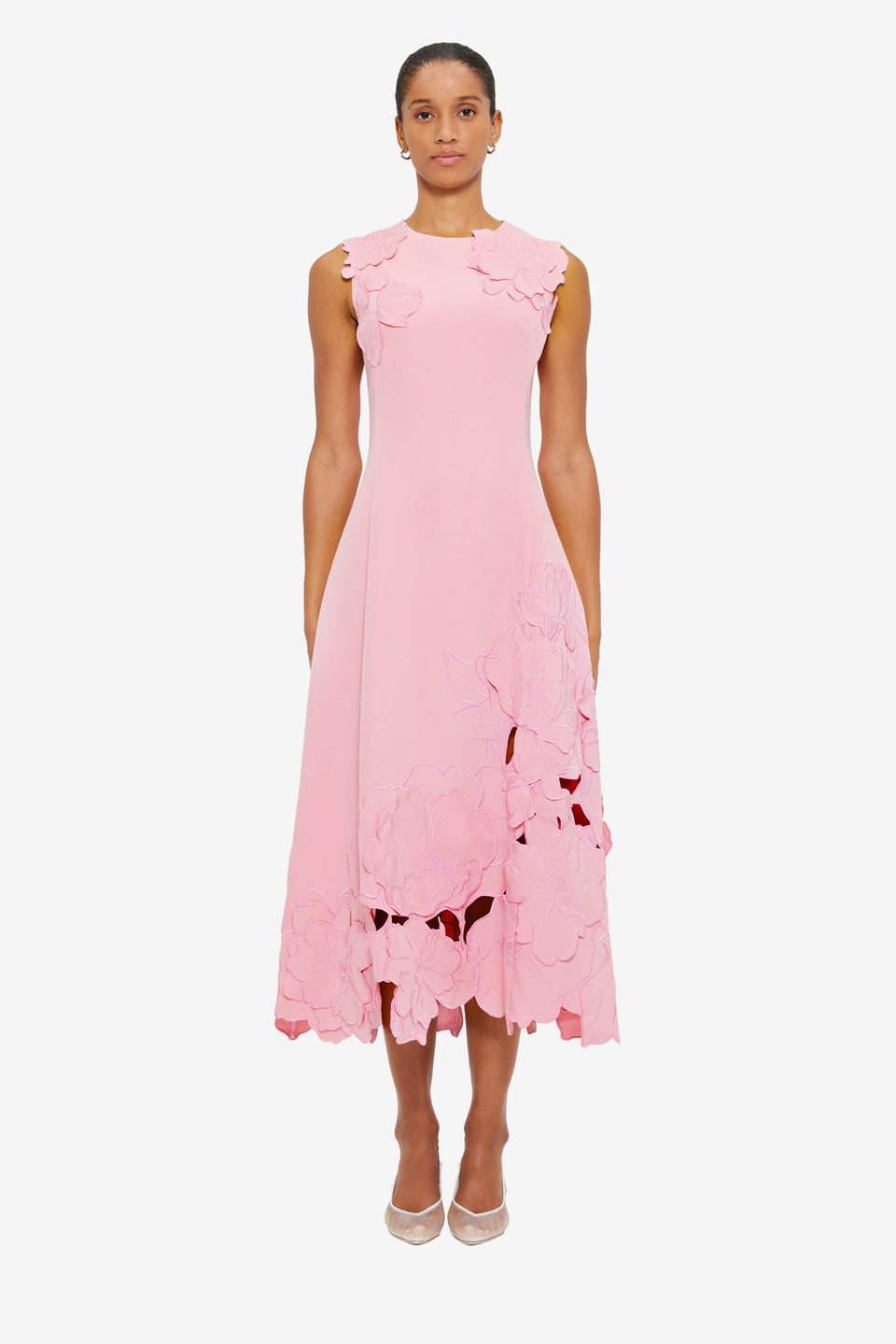 Exclusive LEO LIN Cleo Appliqué Sleeveless Midi Dress in Flamingo