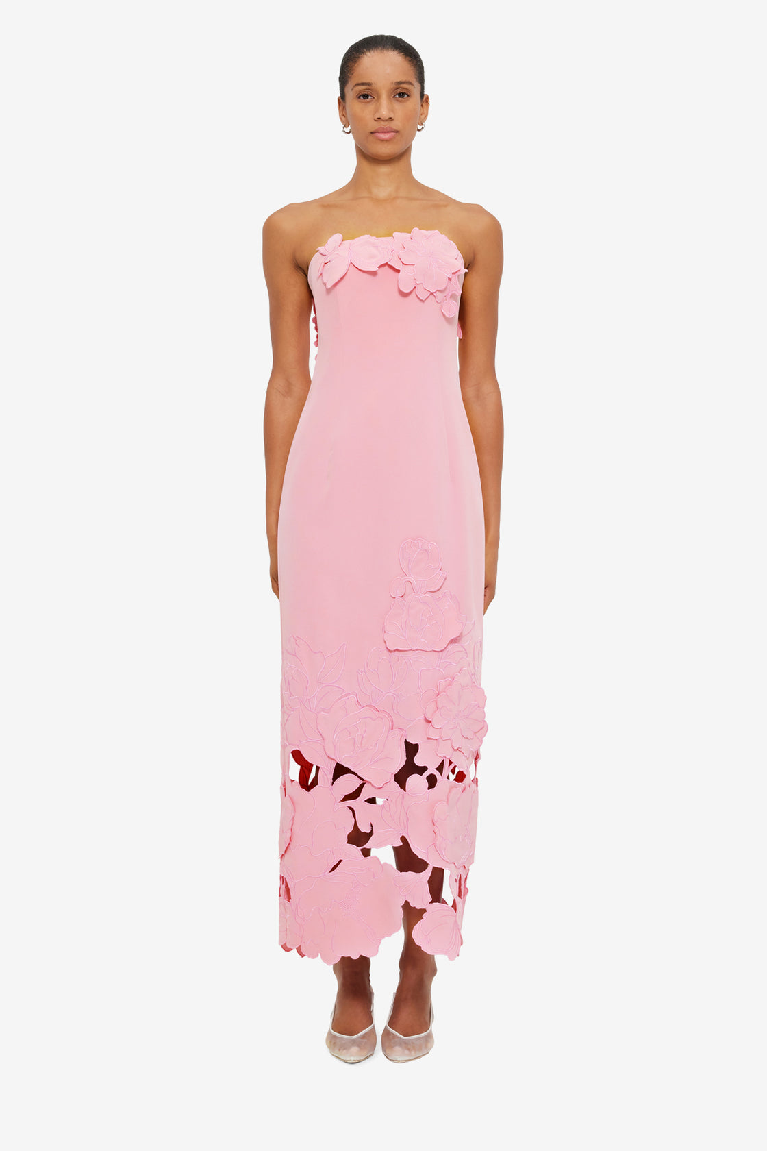 Exclusive Leo Lin Rayna Appliqué Bustier Midi Dress in Flamingo