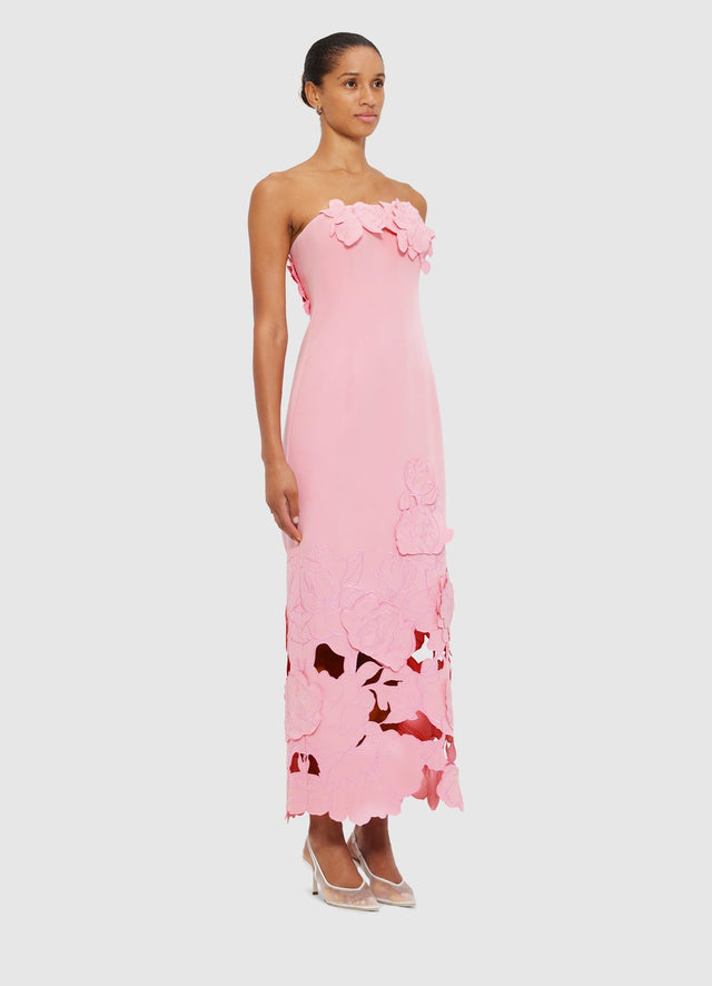 Exclusive Leo Lin Rayna Appliqué Bustier Midi Dress in Flamingo