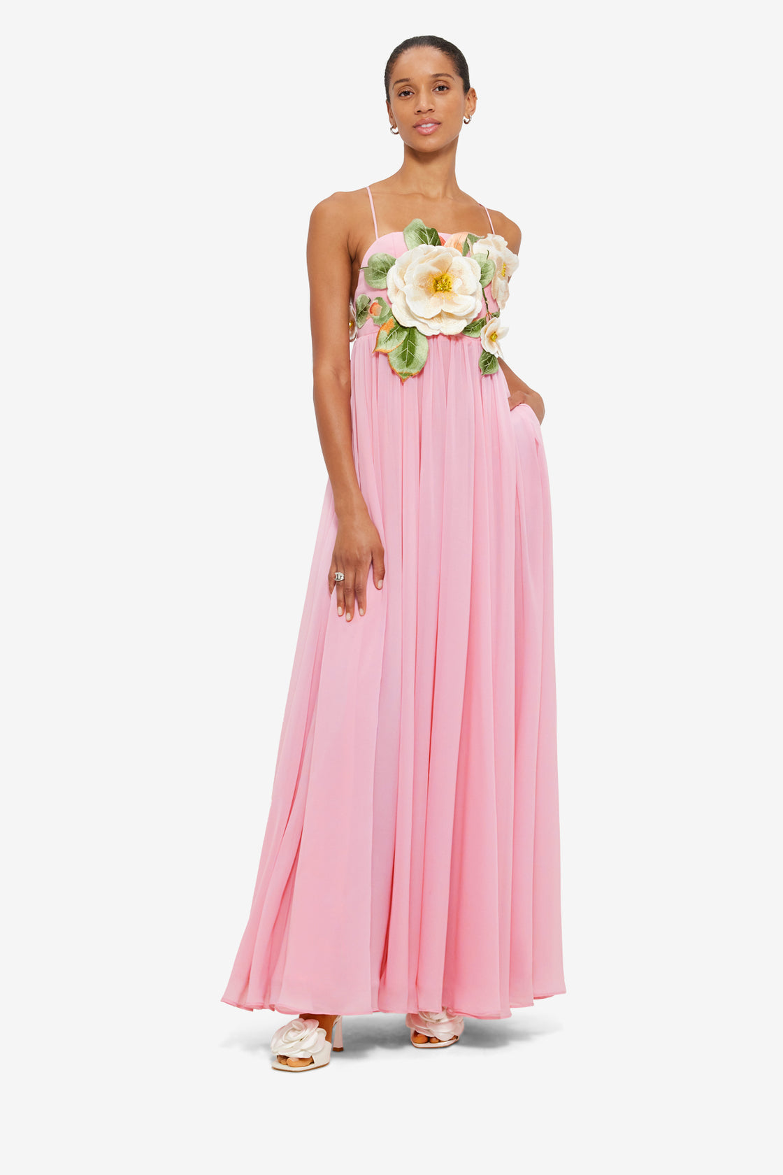 Exclusive Leo Lin Agnes Appliqué Floral Maxi Dress in Camelia Print