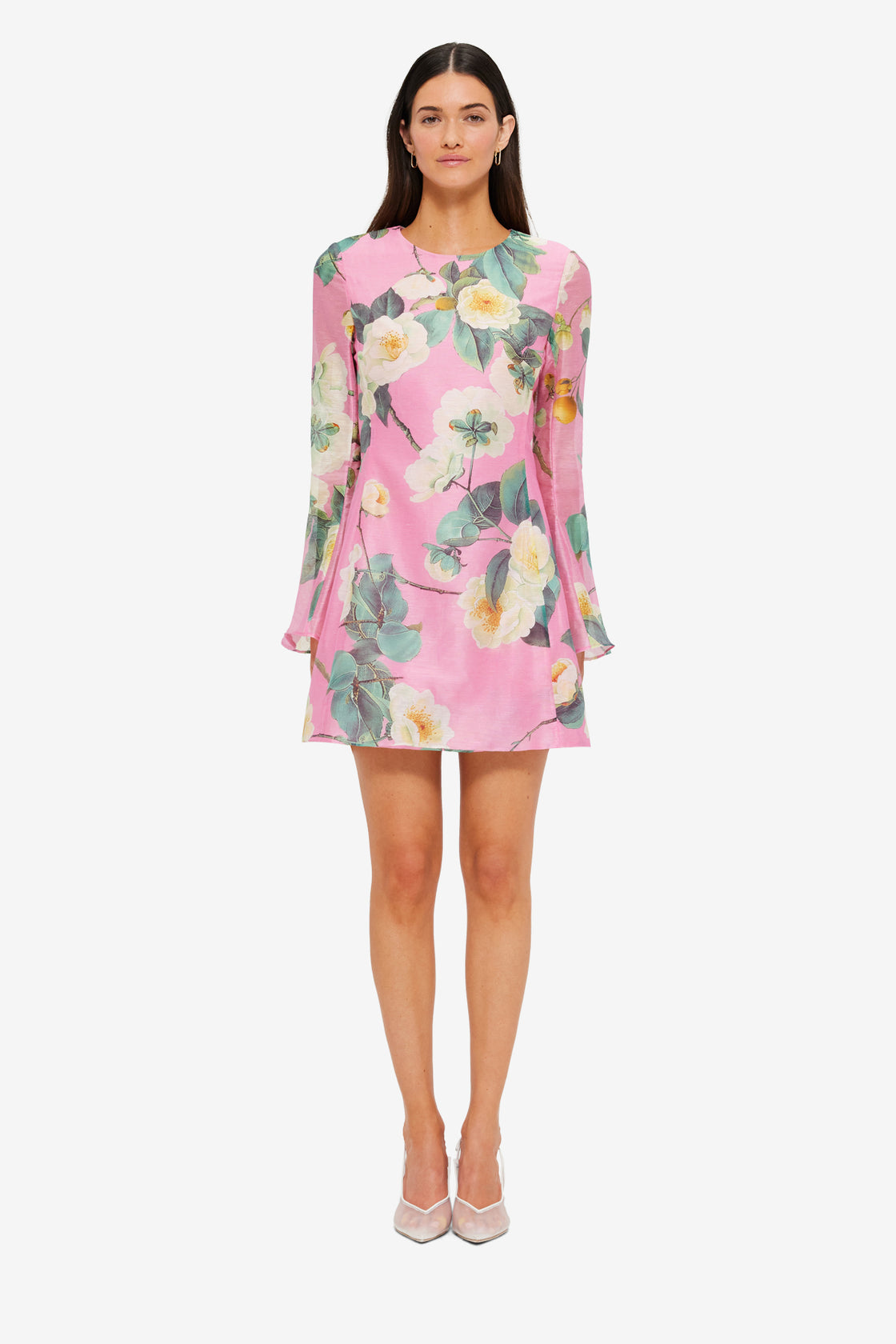 Exclusive Leo Lin Suzanne Bell Sleeve Mini Dress in Camelia Print