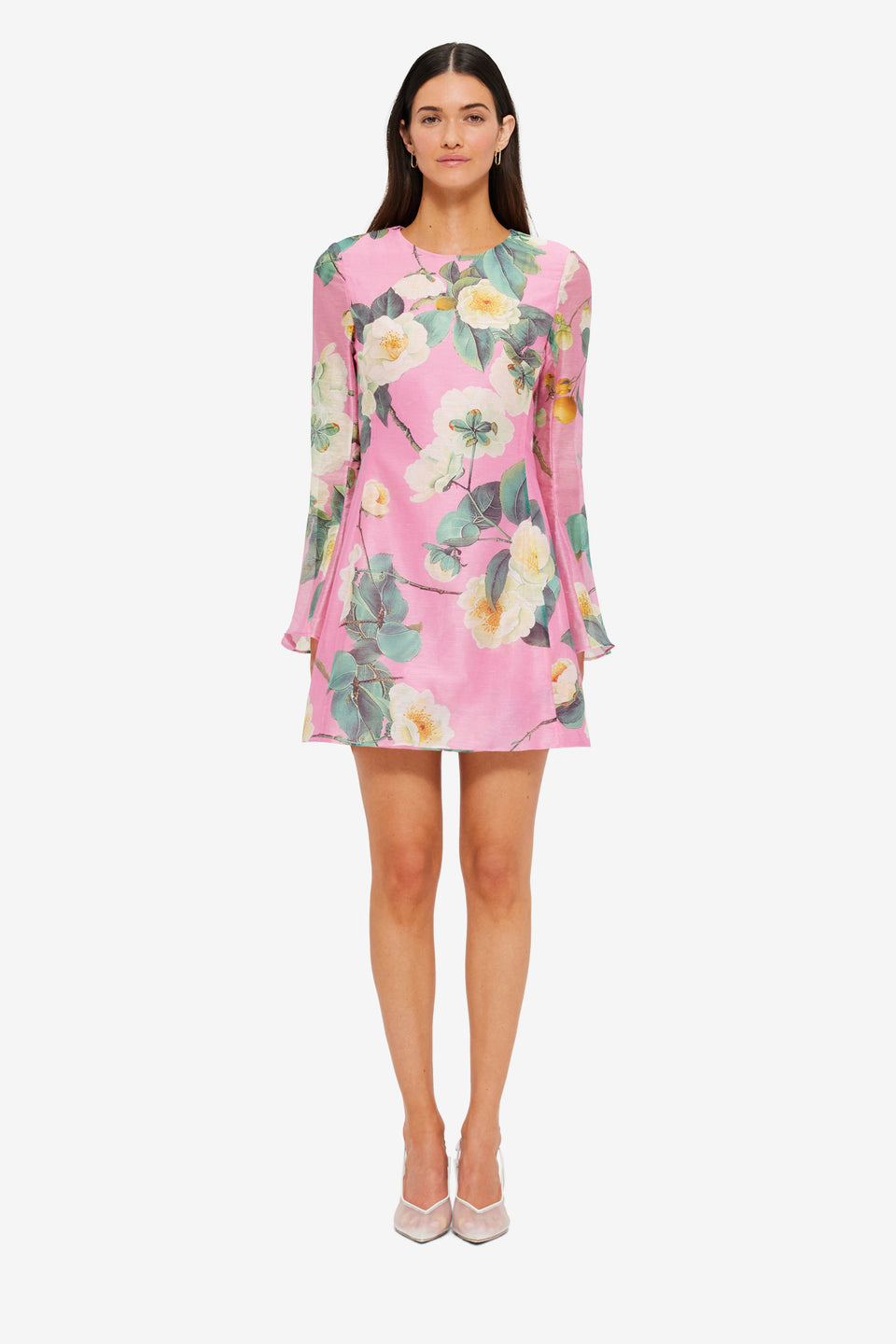 Exclusive Leo Lin Suzanne Bell Sleeve Mini Dress in Camelia Print