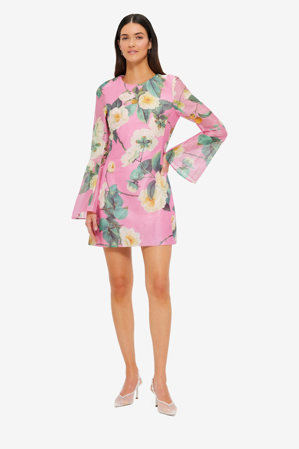 Exclusive Leo Lin Suzanne Bell Sleeve Mini Dress in Camelia Print