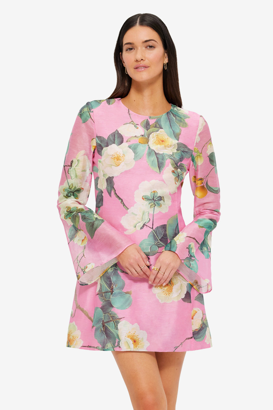 Exclusive Leo Lin Suzanne Bell Sleeve Mini Dress in Camelia Print