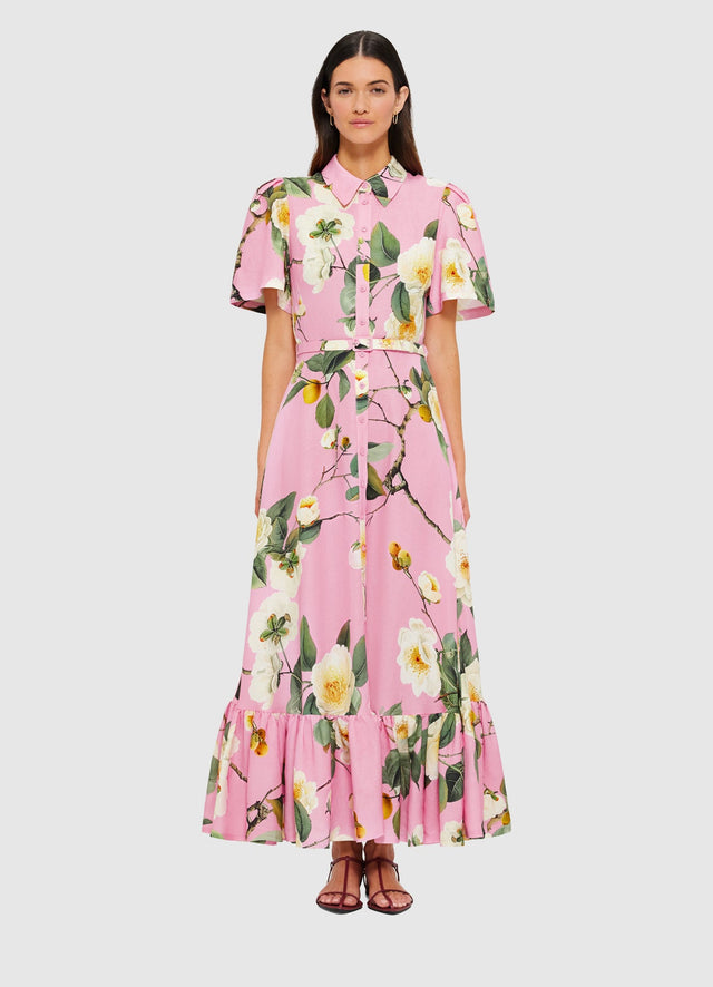 Exclusive Leo Lin Becca Short Sleeve Midi Dress in Camelia Print