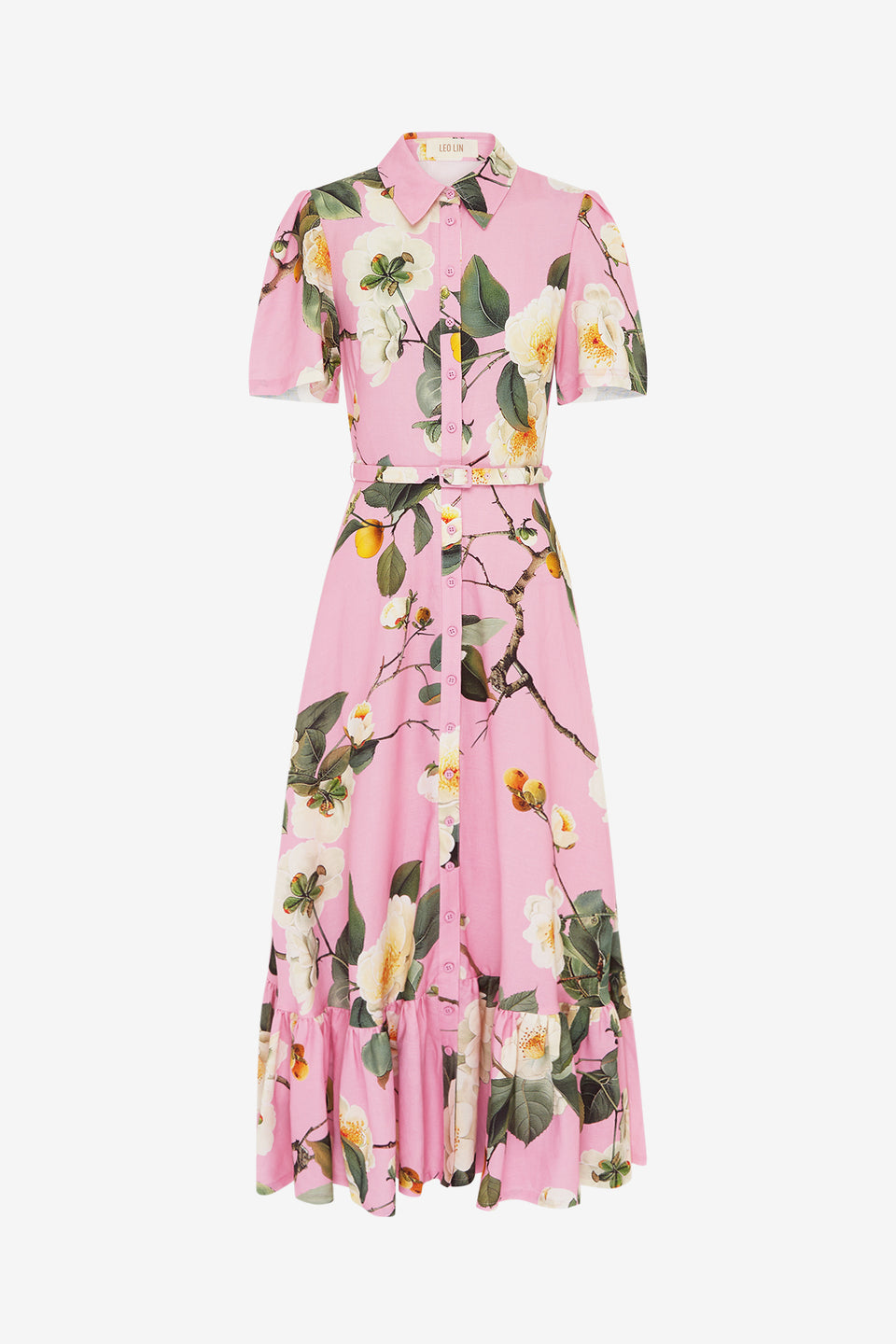 Exclusive Leo Lin Becca Short Sleeve Midi Dress in Camelia Print