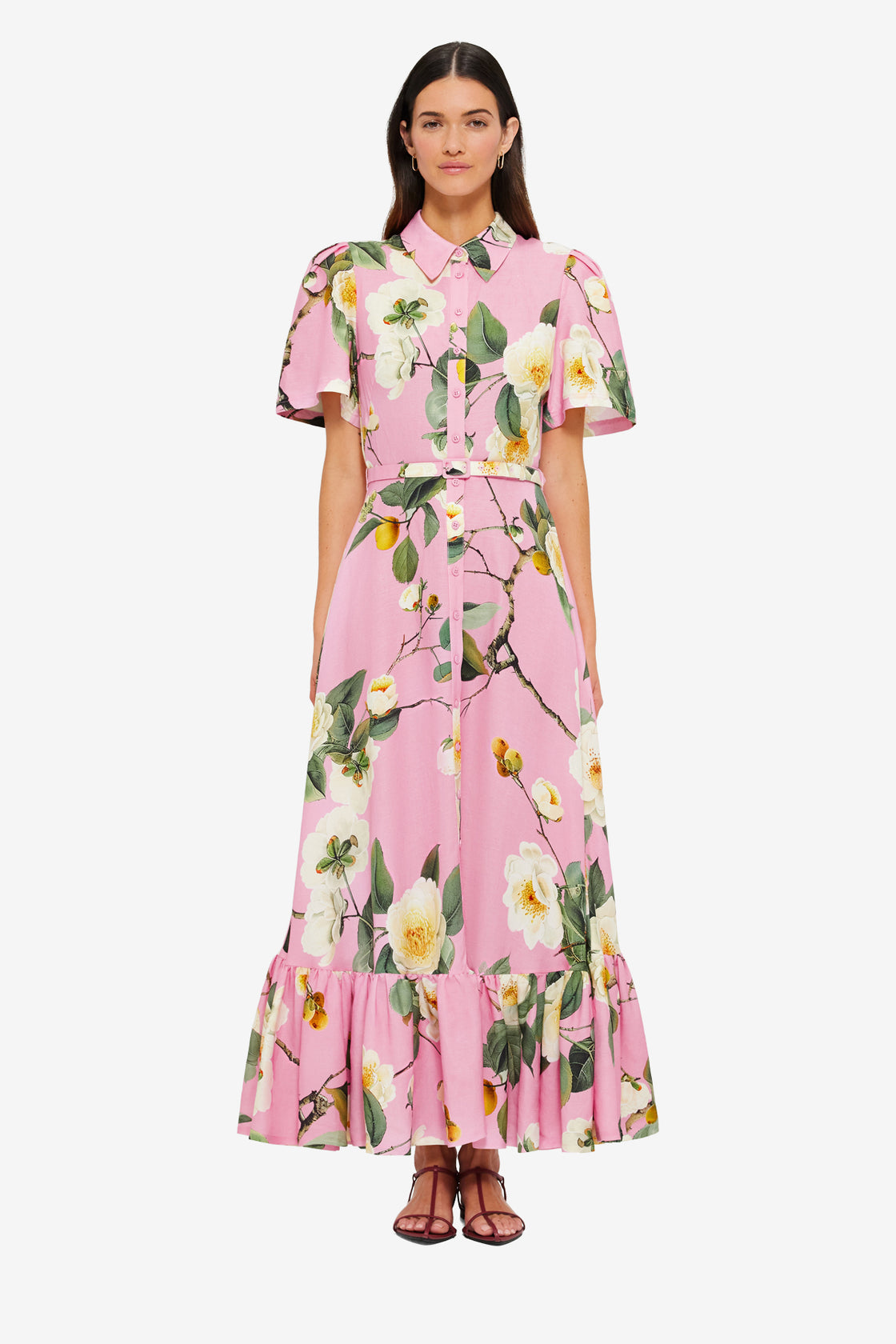 Exclusive Leo Lin Becca Short Sleeve Midi Dress in Camelia Print