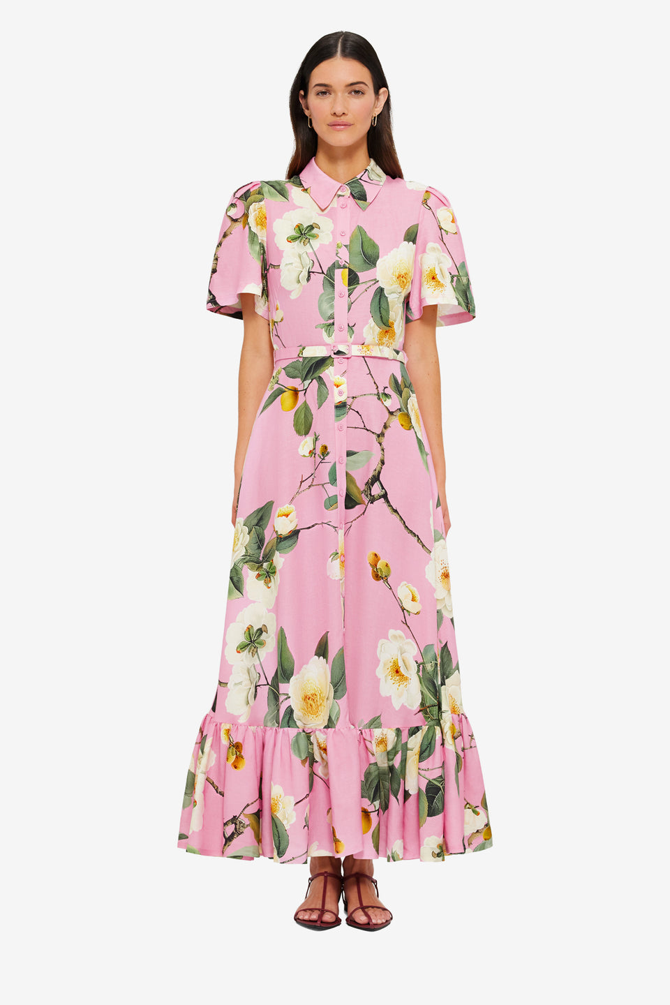 Exclusive Leo Lin Becca Short Sleeve Midi Dress in Camelia Print