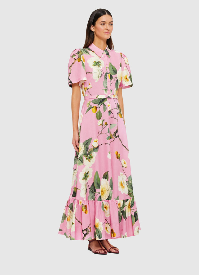 Exclusive Leo Lin Becca Short Sleeve Midi Dress in Camelia Print