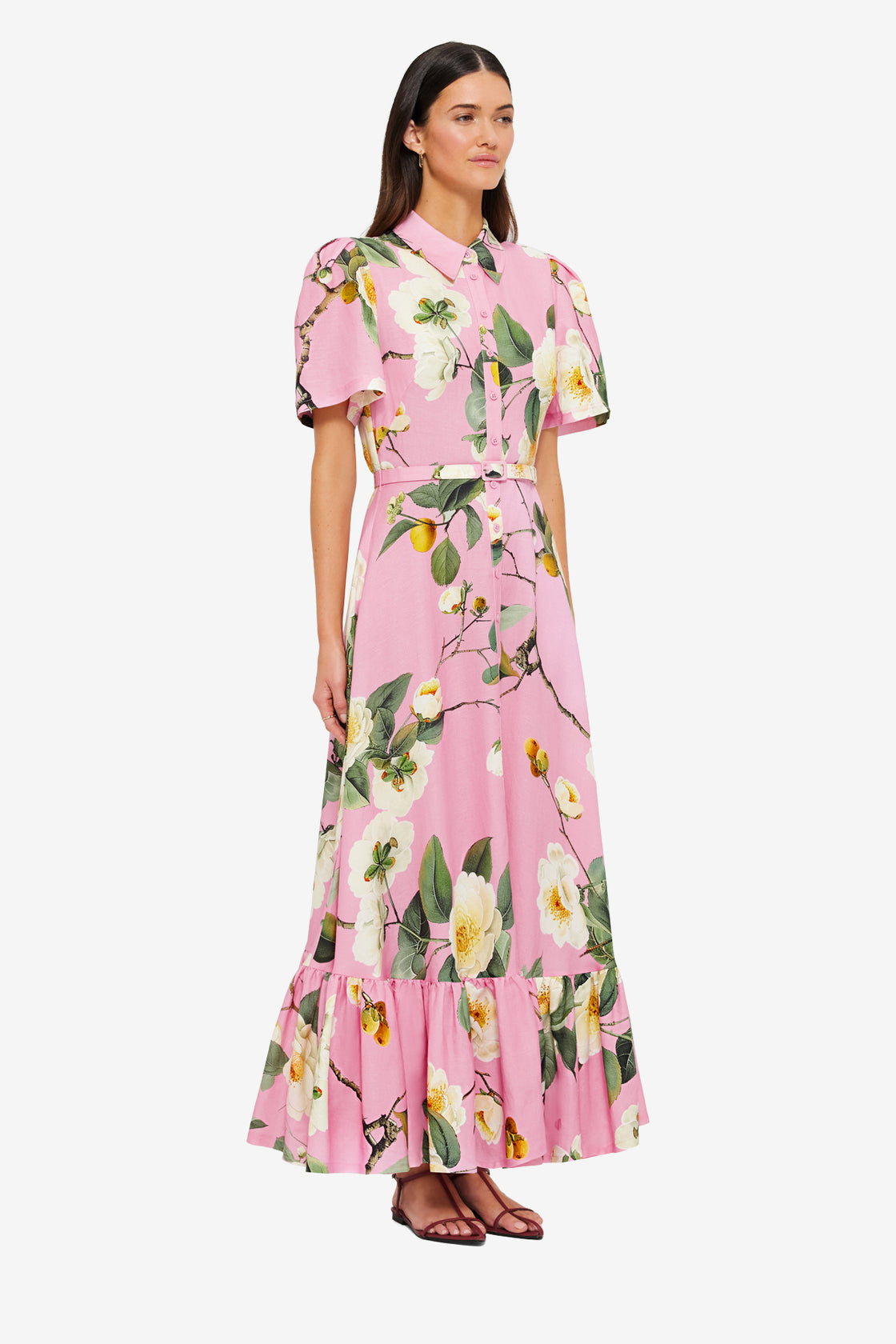 Exclusive Leo Lin Becca Short Sleeve Midi Dress in Camelia Print
