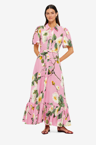 Exclusive Leo Lin Becca Short Sleeve Midi Dress in Camelia Print