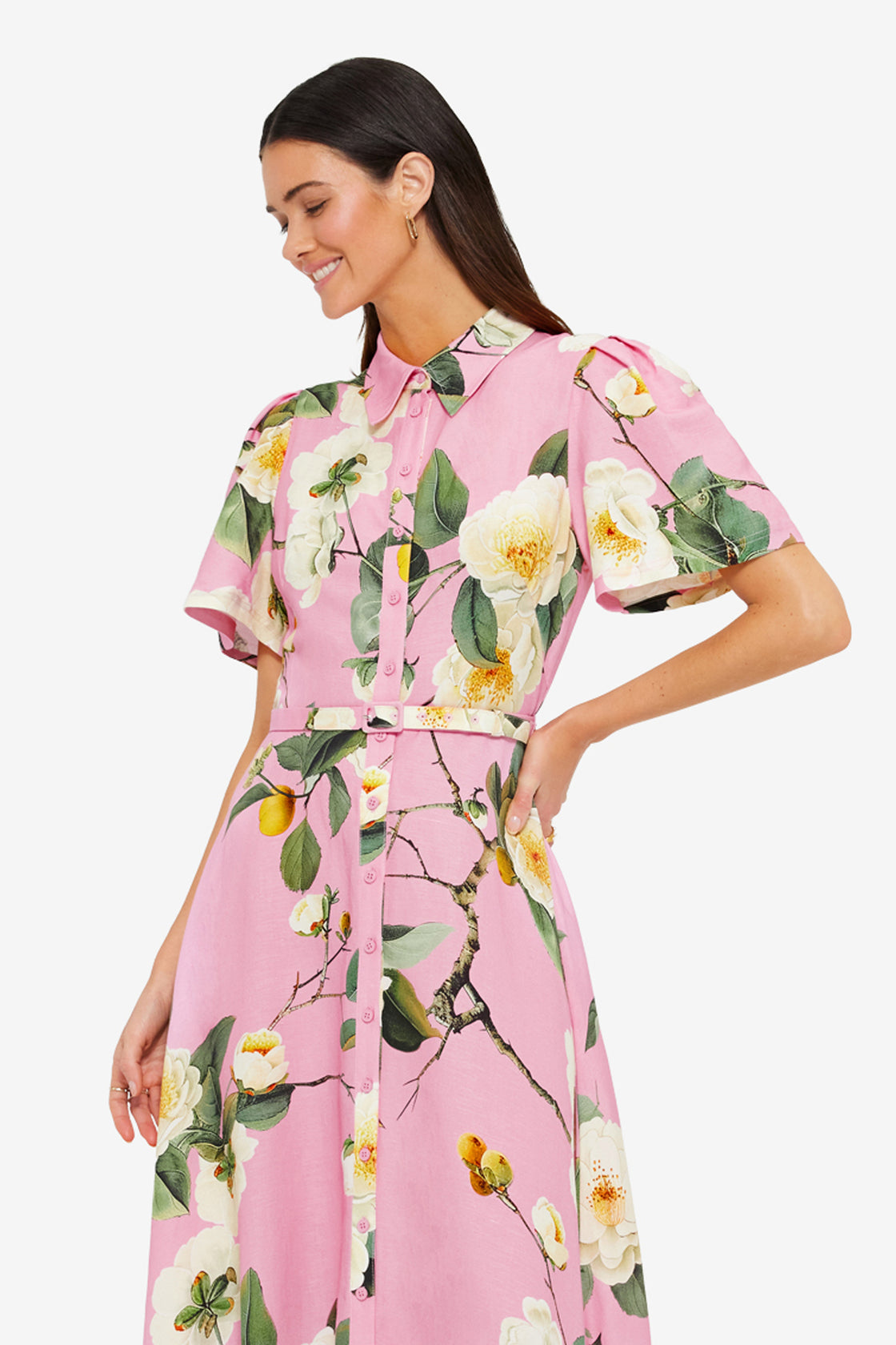 Exclusive Leo Lin Becca Short Sleeve Midi Dress in Camelia Print