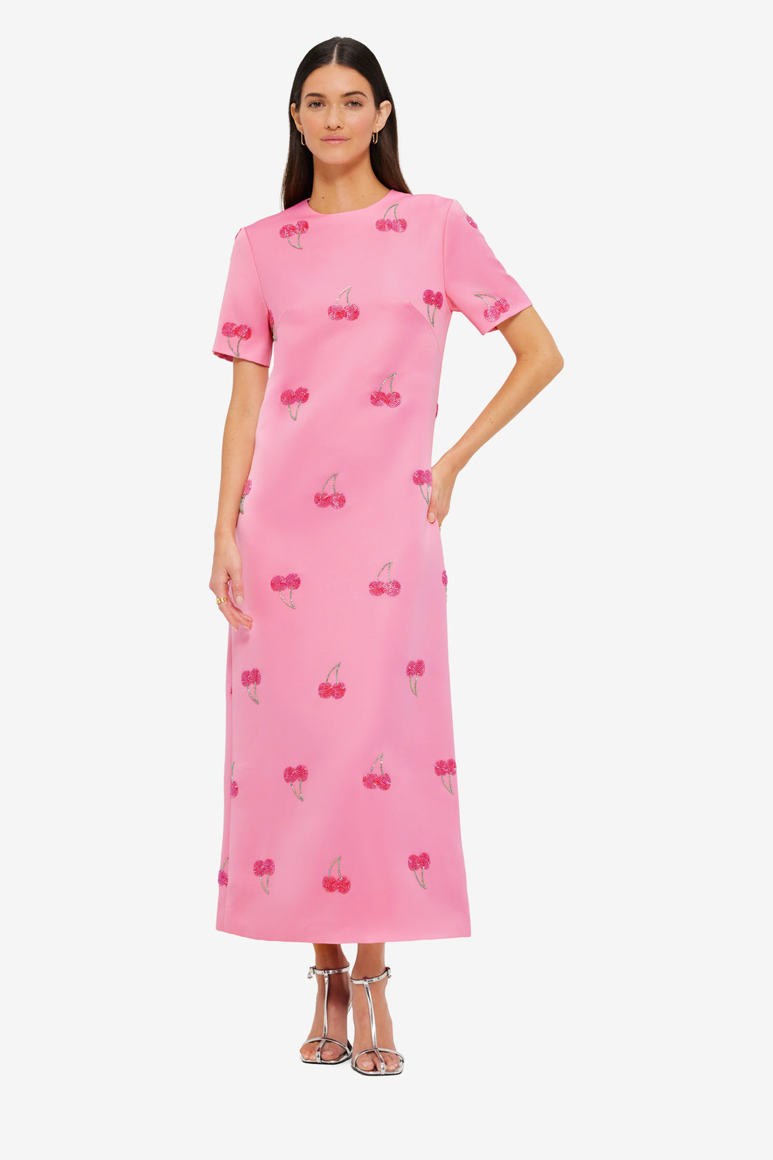 Exclusive Leo Lin Manon Embellished Shirt Midi Dress in Pink Cherry Beading