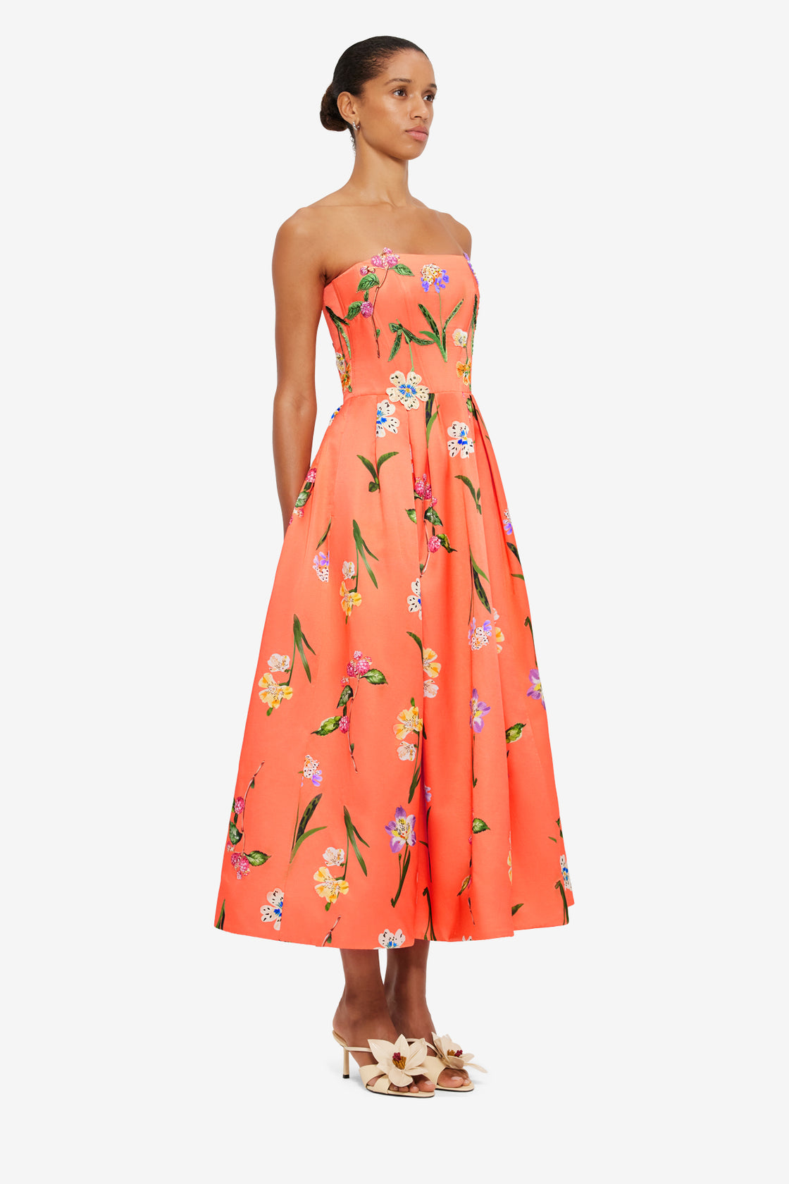 Exclusive Leo Lin Lynn Bustier Midi Dress in Wild Flower in Coral