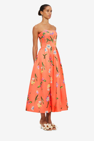 Exclusive Leo Lin Lynn Bustier Midi Dress in Wild Flower in Coral