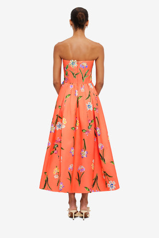 Exclusive Leo Lin Lynn Bustier Midi Dress in Wild Flower in Coral