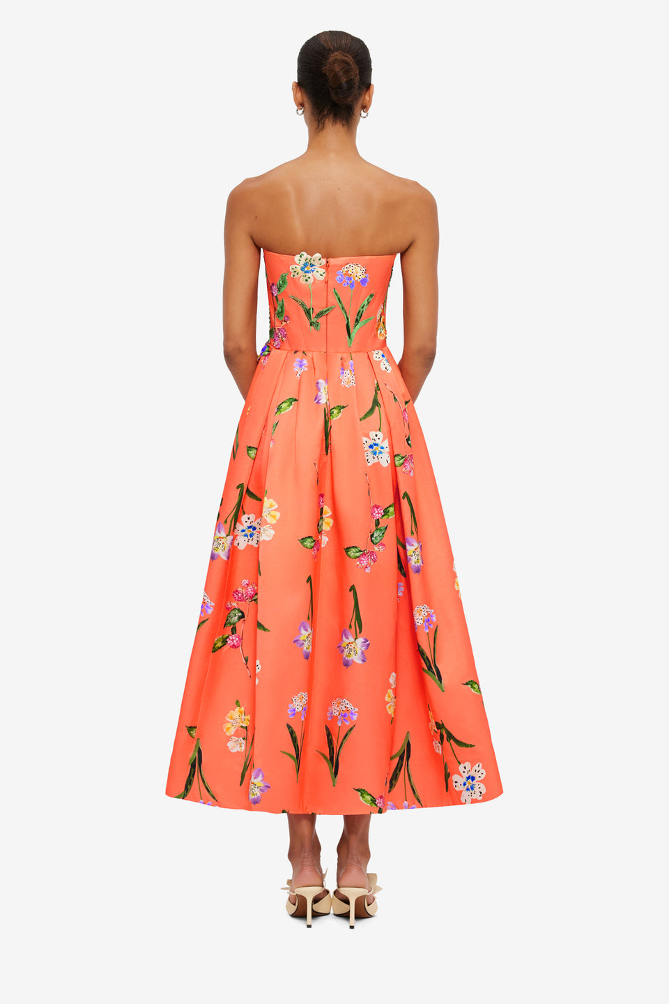 Exclusive Leo Lin Lynn Bustier Midi Dress in Wild Flower in Coral