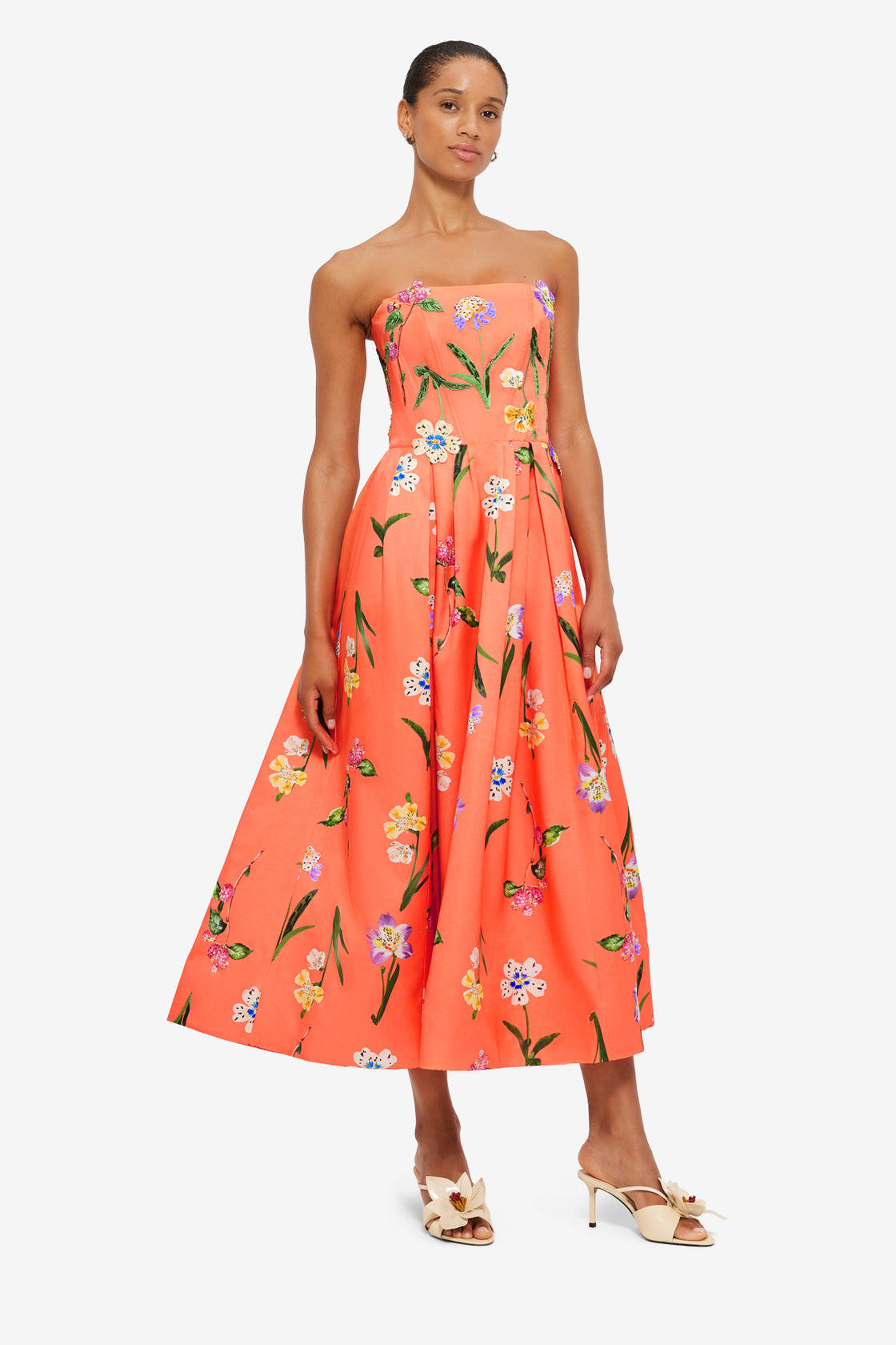 Exclusive Leo Lin Lynn Bustier Midi Dress in Wild Flower in Coral