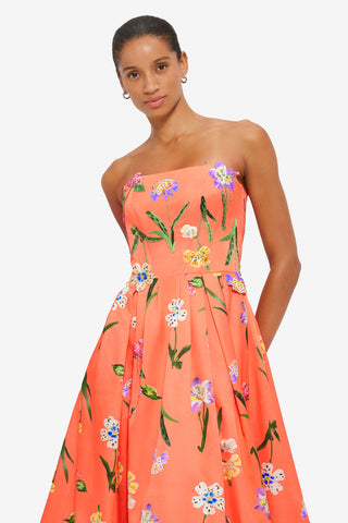 Exclusive Leo Lin Lynn Bustier Midi Dress in Wild Flower in Coral