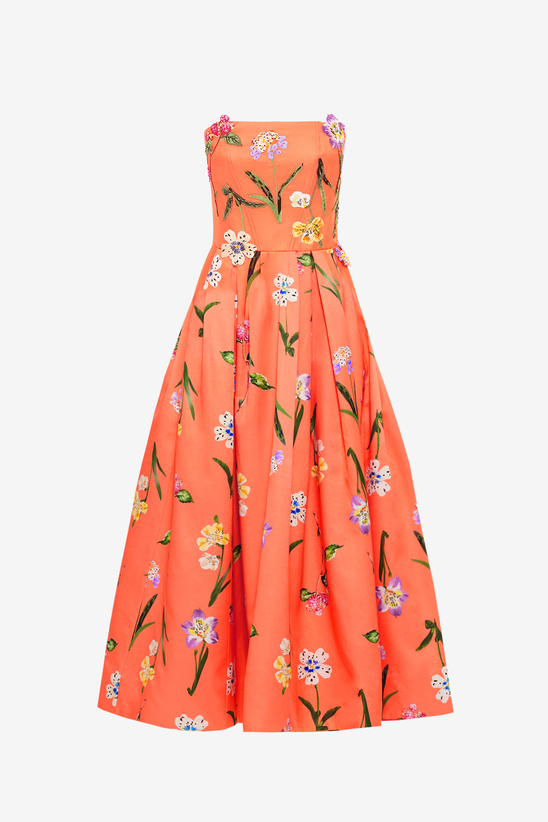 Exclusive Leo Lin Lynn Bustier Midi Dress in Wild Flower in Coral