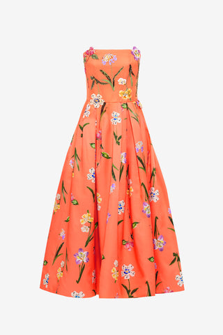 Exclusive Leo Lin Lynn Bustier Midi Dress in Wild Flower in Coral