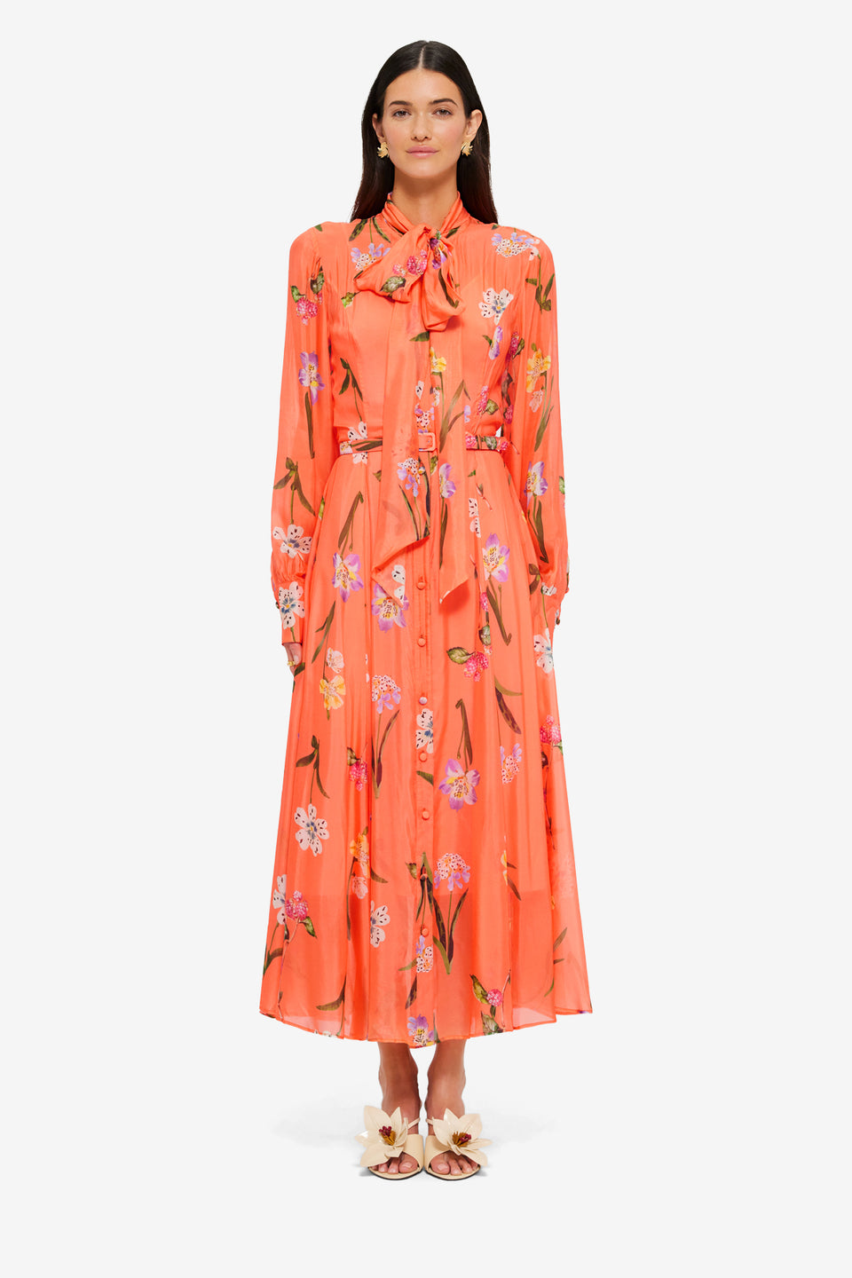 Exclusive Leo Lin Liliane Tie Neck Midi Dress in Wild Flower in Coral