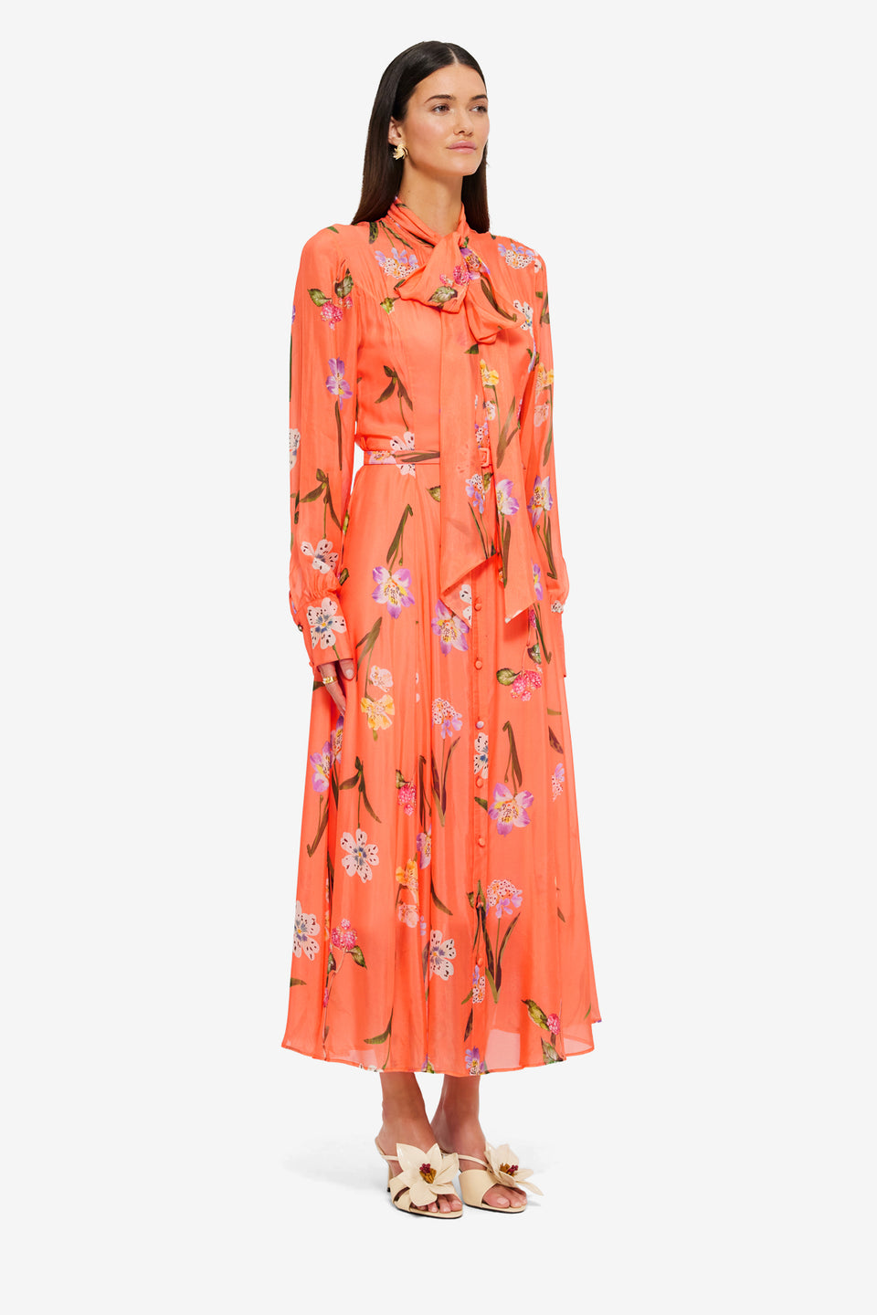 Exclusive Leo Lin Liliane Tie Neck Midi Dress in Wild Flower in Coral