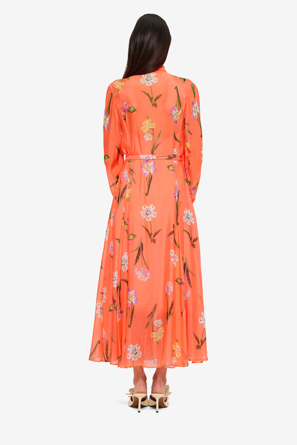 Exclusive Leo Lin Liliane Tie Neck Midi Dress in Wild Flower in Coral