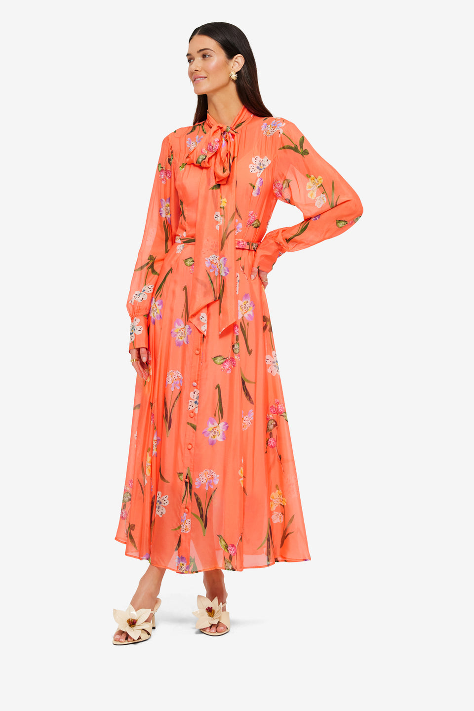 Exclusive Leo Lin Liliane Tie Neck Midi Dress in Wild Flower in Coral