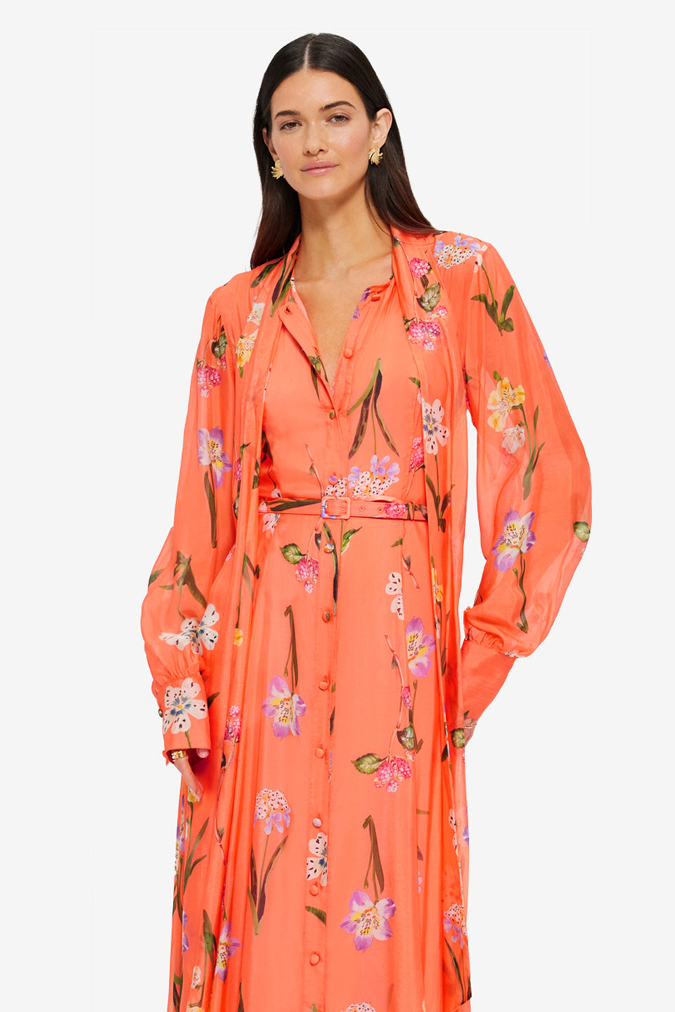 Exclusive Leo Lin Liliane Tie Neck Midi Dress in Wild Flower in Coral