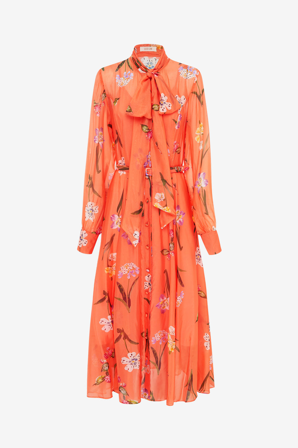 Exclusive Leo Lin Liliane Tie Neck Midi Dress in Wild Flower in Coral