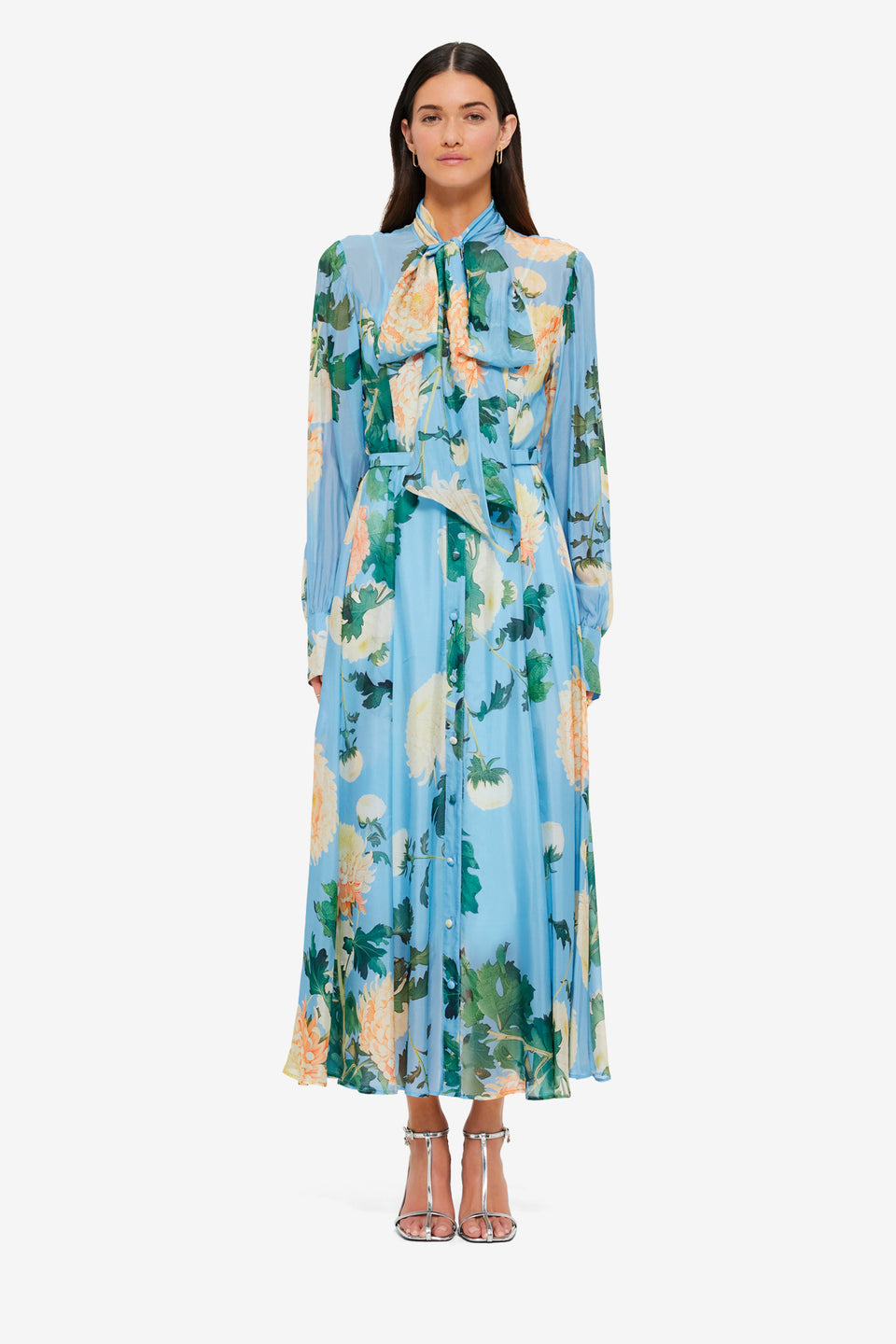 Exclusive Liliane Tie Neck Midi Dress in Hydrangea in Cornflower Blue