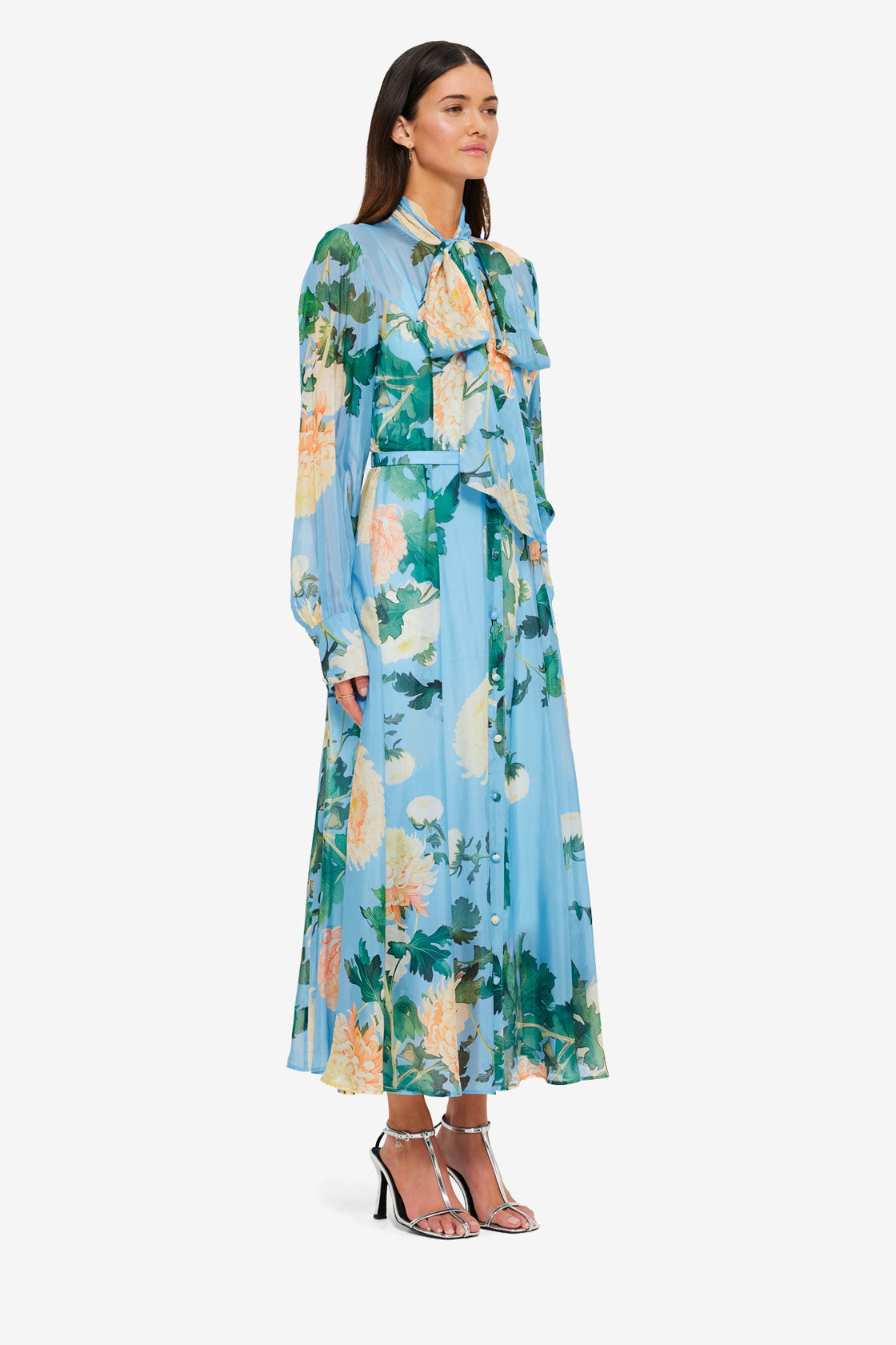 Exclusive Liliane Tie Neck Midi Dress in Hydrangea in Cornflower Blue