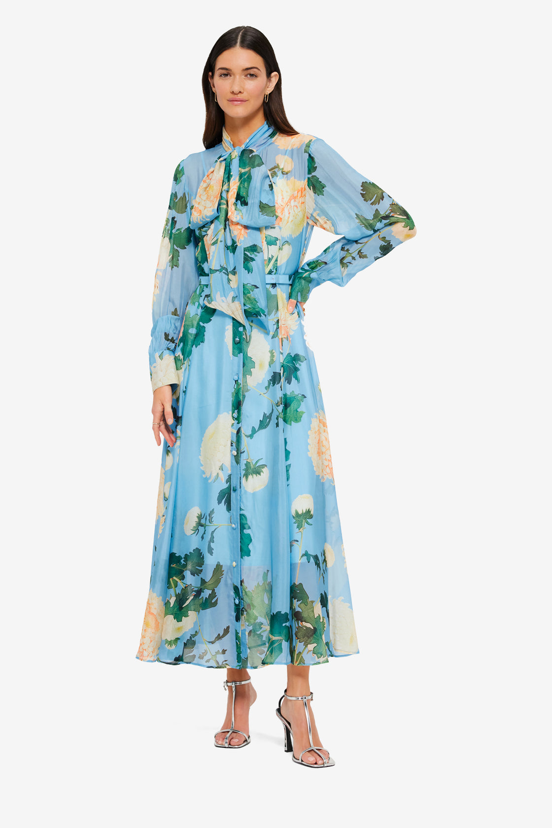 Exclusive Liliane Tie Neck Midi Dress in Hydrangea in Cornflower Blue