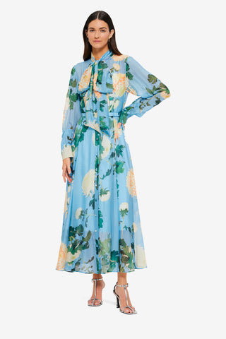 Exclusive Liliane Tie Neck Midi Dress in Hydrangea in Cornflower Blue