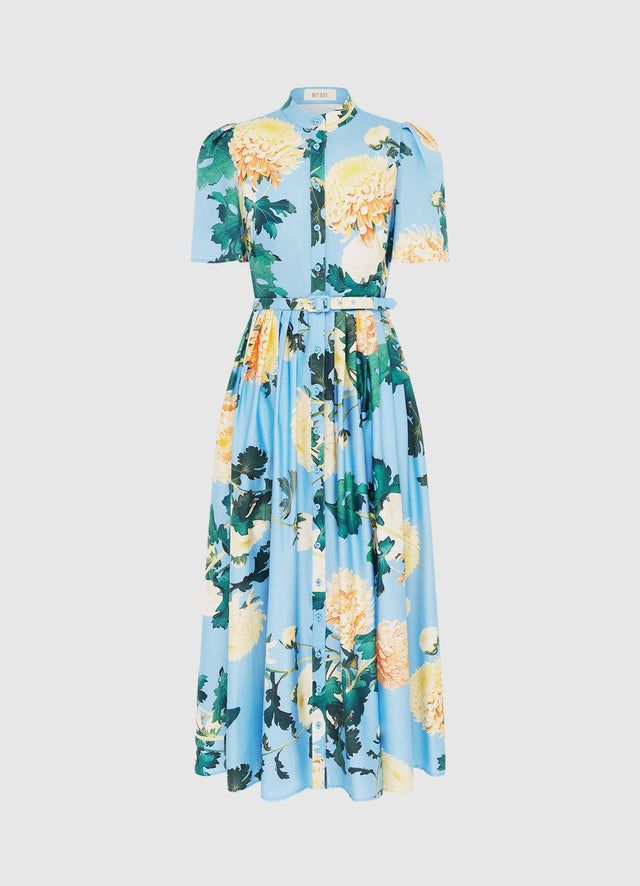 Exclusive Leo Lin Bianca Short Sleeve Midi Dress in Hydrangea in Cornflower Blue