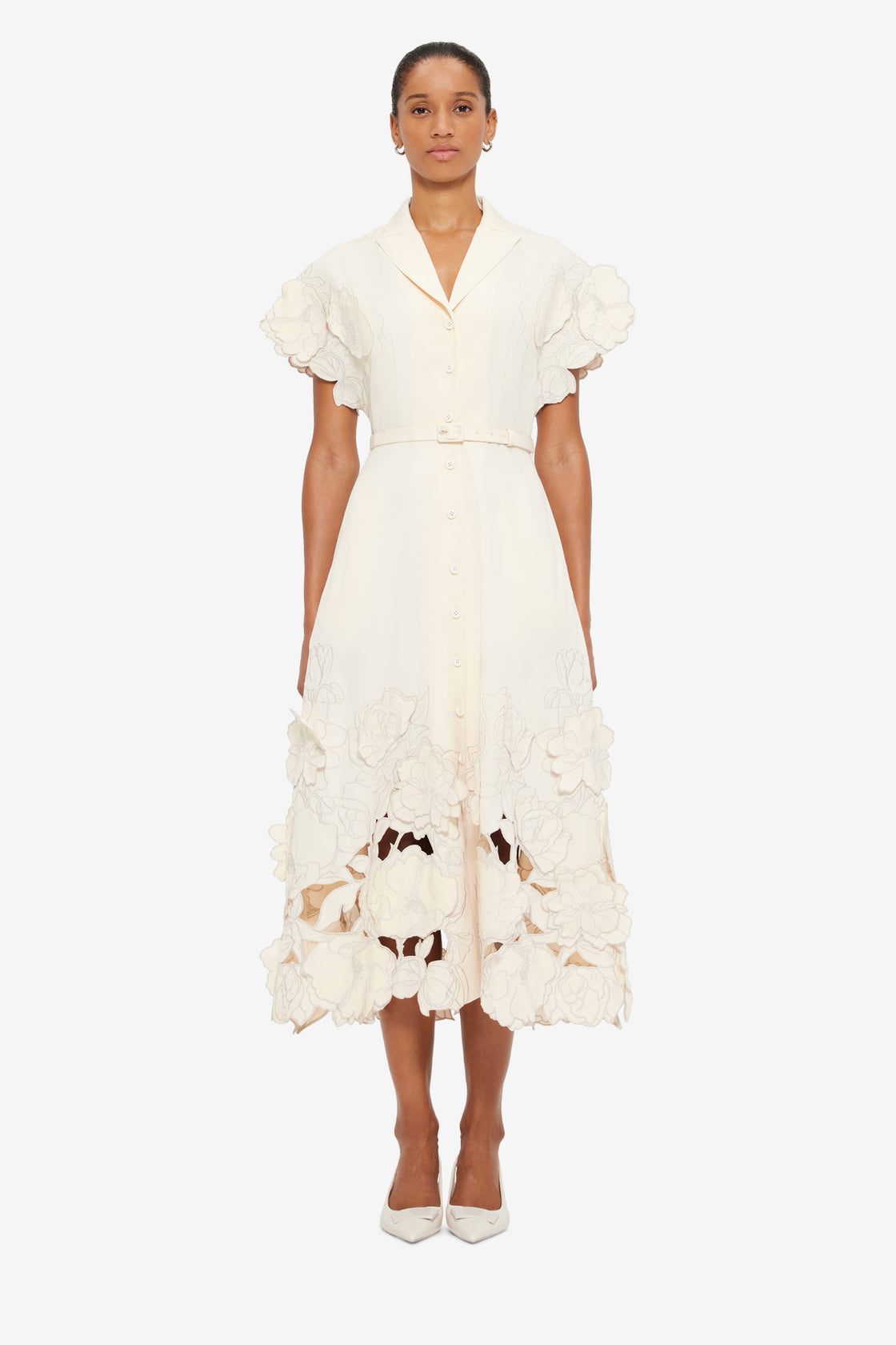 Exclusive LEO LIN Aubrey Appliqué Shirt Midi Dress in Cream