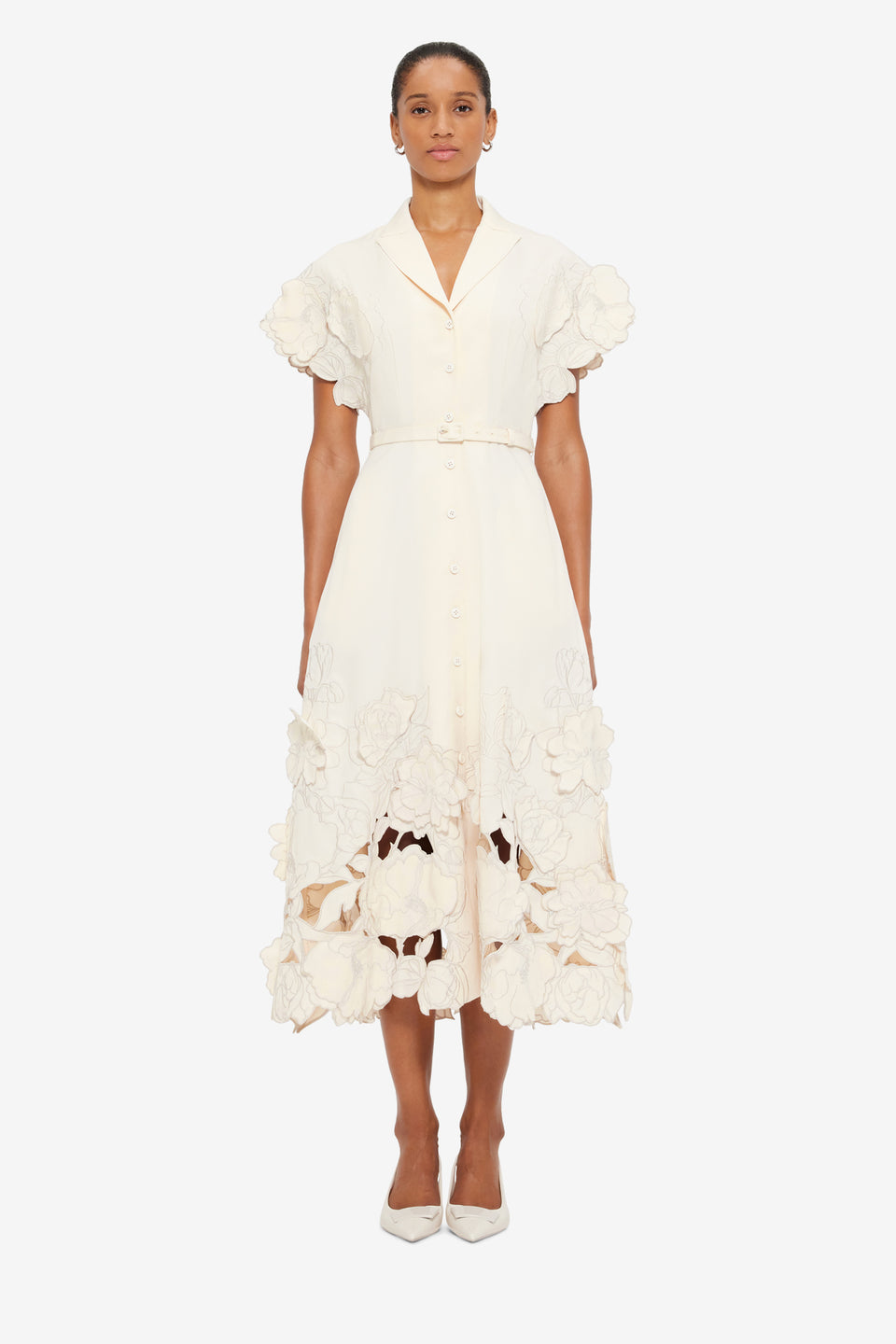 Exclusive LEO LIN Aubrey Appliqué Shirt Midi Dress in Cream