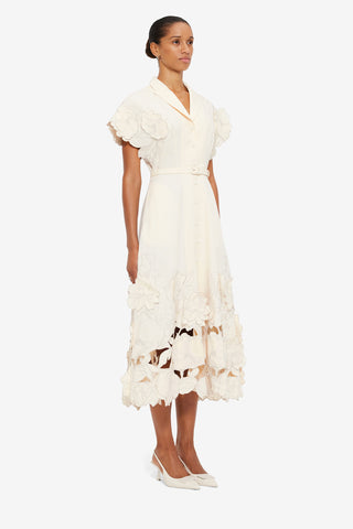 Exclusive LEO LIN Aubrey Appliqué Shirt Midi Dress in Cream