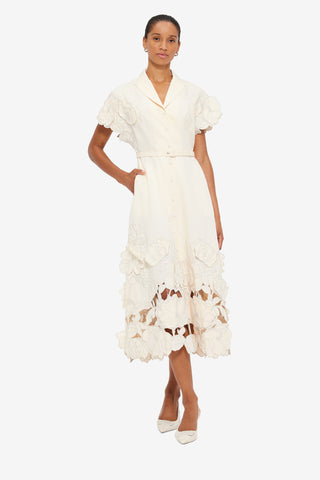 Exclusive LEO LIN Aubrey Appliqué Shirt Midi Dress in Cream