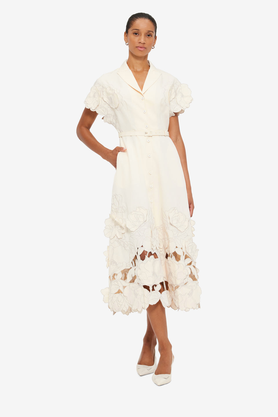 Exclusive LEO LIN Aubrey Appliqué Shirt Midi Dress in Cream