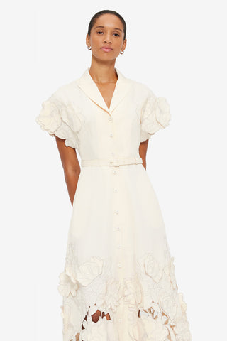 Exclusive LEO LIN Aubrey Appliqué Shirt Midi Dress in Cream