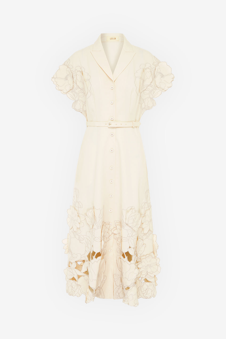 Exclusive LEO LIN Aubrey Appliqué Shirt Midi Dress in Cream