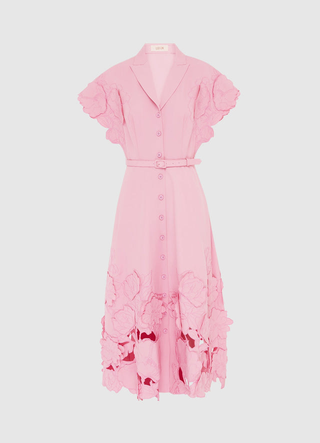 Exclusive Leo Lin Aubrey Appliqué Shirt Midi Dress in Flamingo