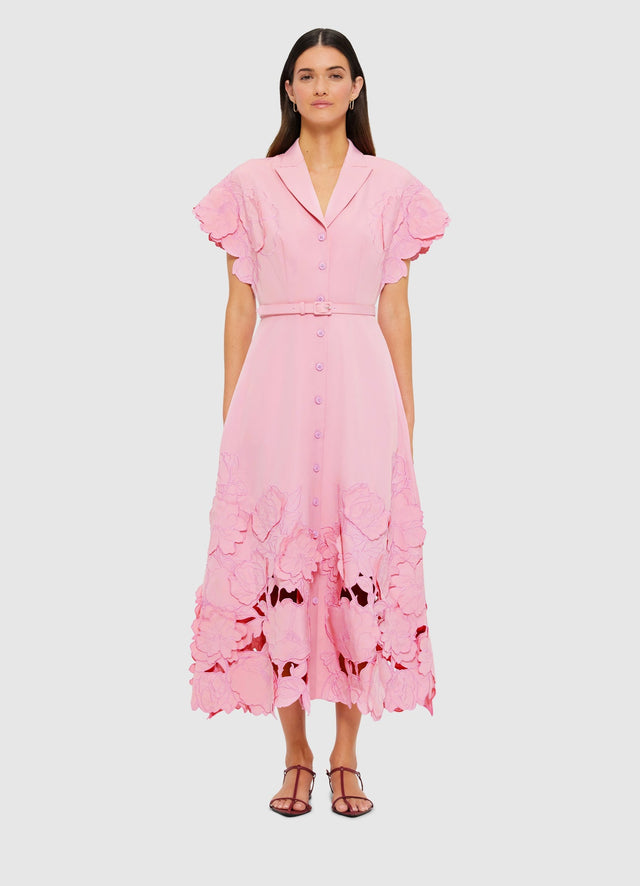 Exclusive Leo Lin Aubrey Appliqué Shirt Midi Dress in Flamingo