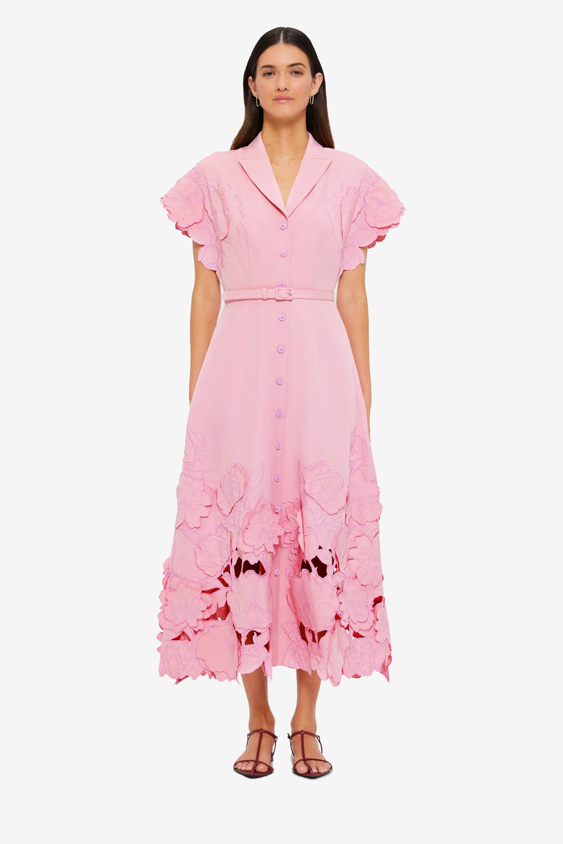 Exclusive Leo Lin Aubrey Appliqué Shirt Midi Dress in Flamingo